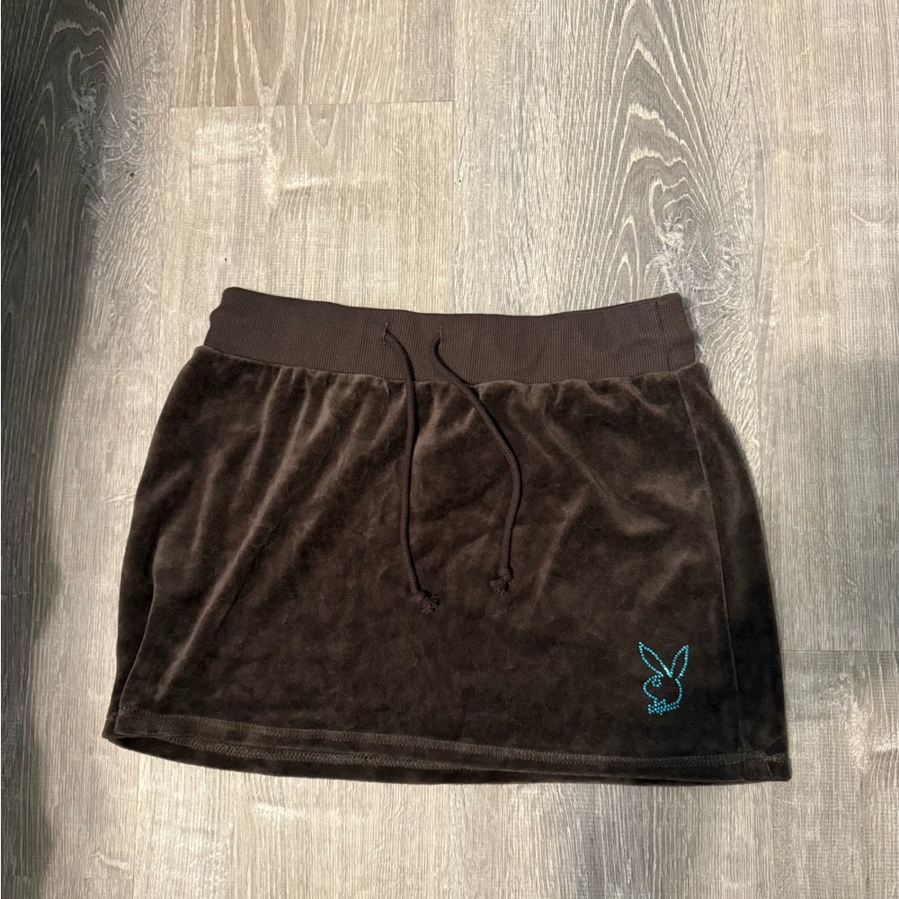PacSun Brown Velour Mini Skirt with Teal Playboy Embroidery